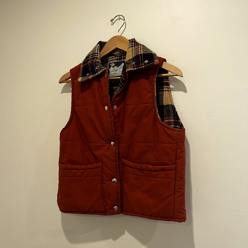 Vintage Golden Fleece plaid lined burnt orange puffer vest
